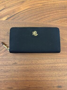 Lauren Ralph Lauren Black Zip-Around Wallet with Gold Hardware